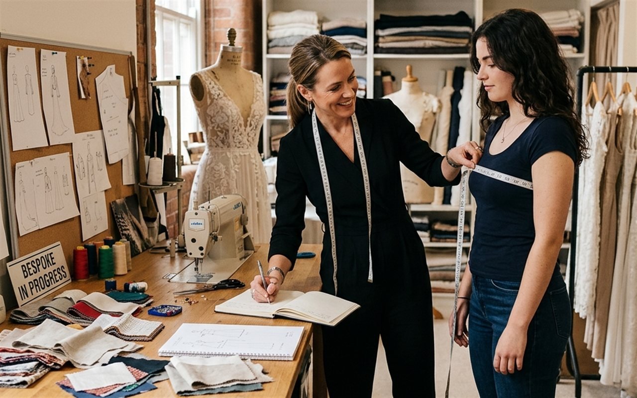 Custom garment making atelier with designer and fabric swatches