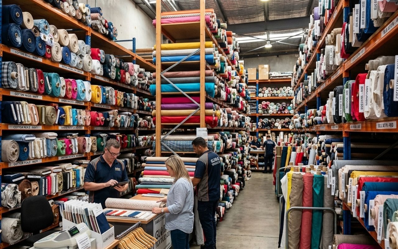 Fabric trading store with colorful fabric rolls on shelves