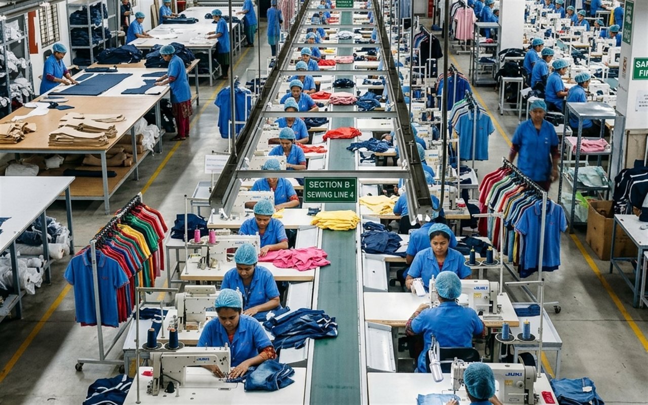 Garment manufacturing unit with workers at sewing machines