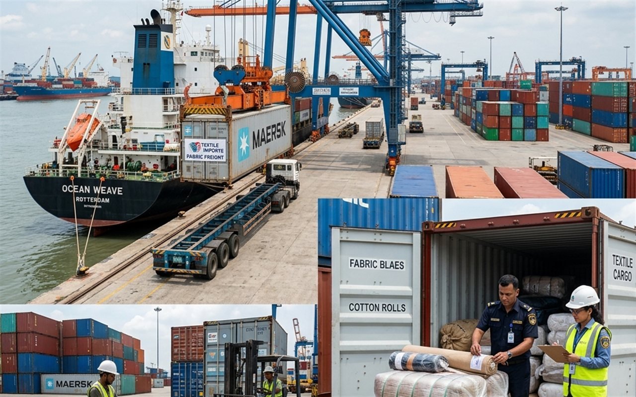 Textile import with shipping containers at port