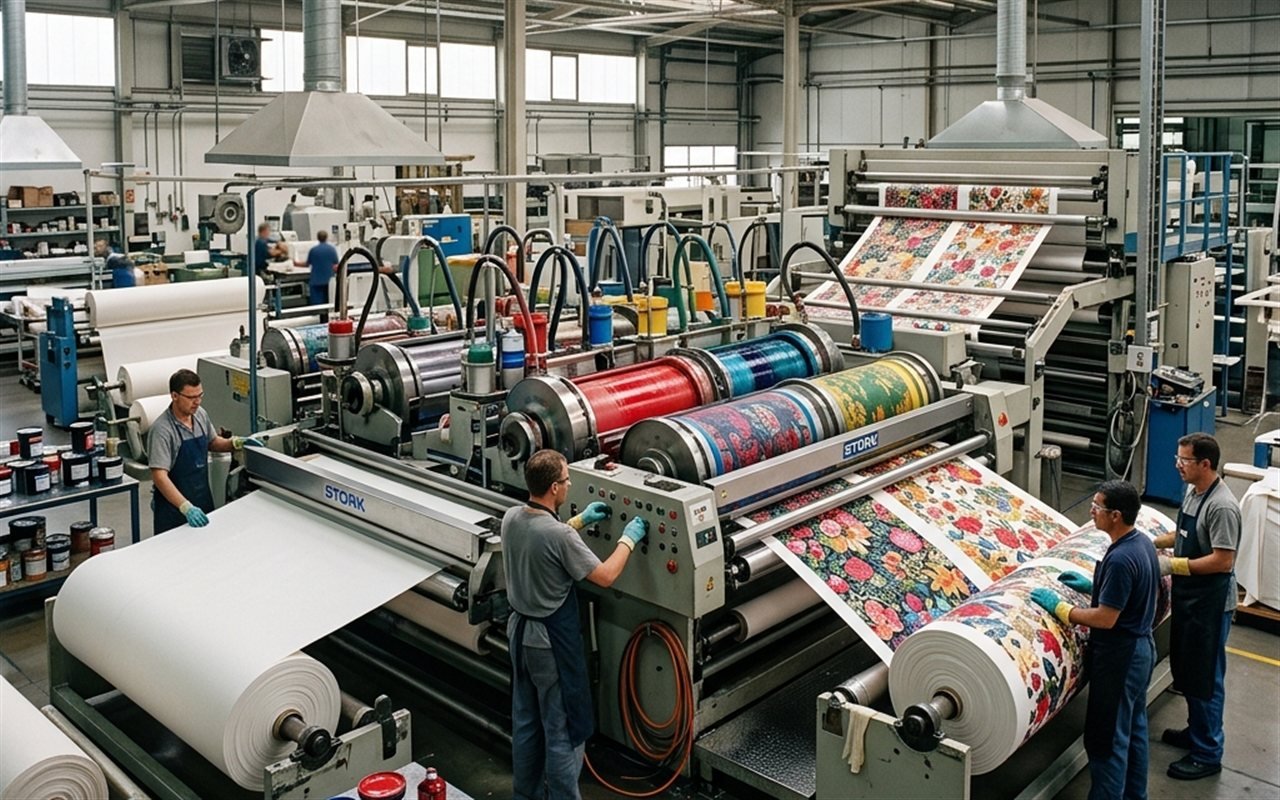 Textile fabric printing unit with printing machines