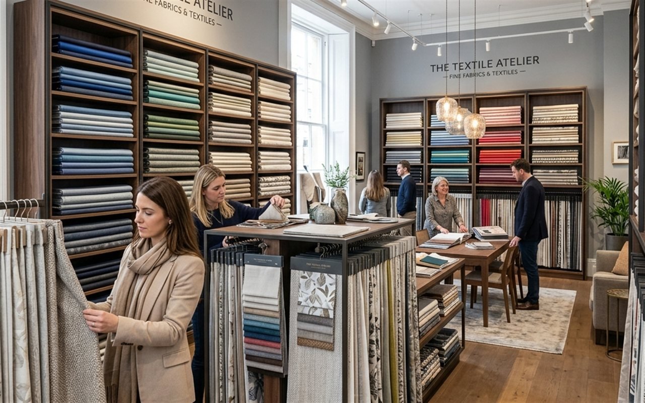 Textile retail showroom with fabric displays