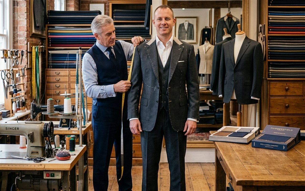 Professional tailor fitting a bespoke suit in tailoring studio