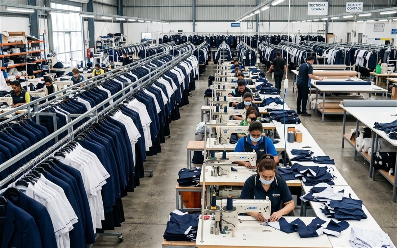 Uniform manufacturing facility with bulk garment production