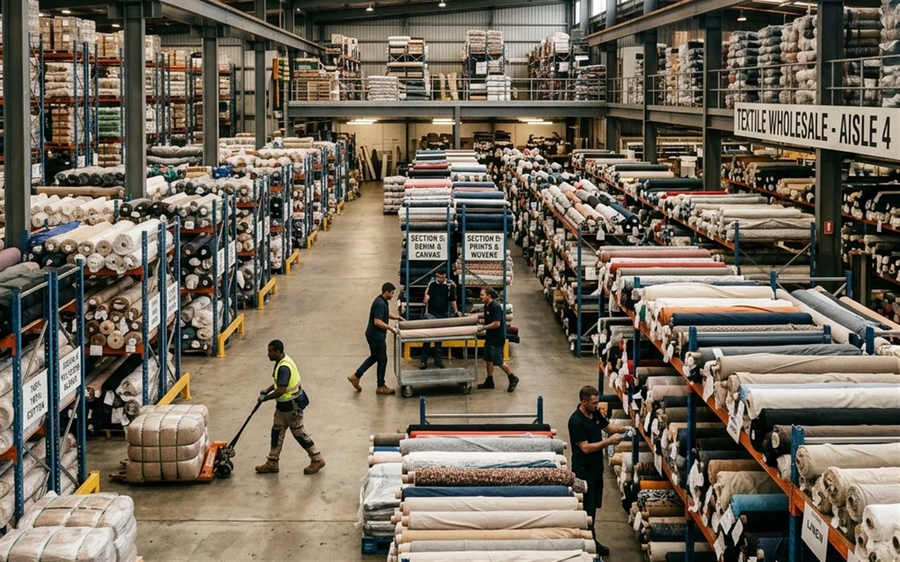 Large textile wholesale warehouse with fabric inventory