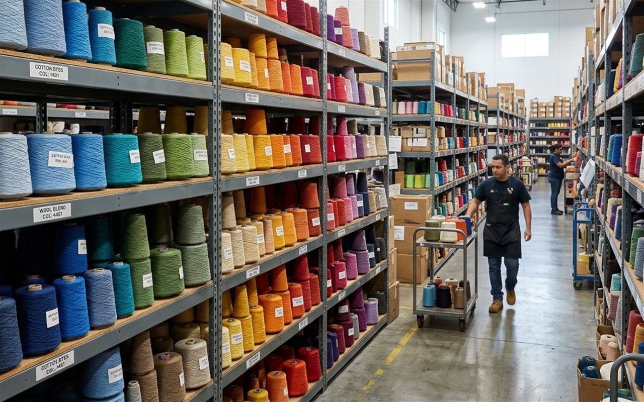 Yarn trading warehouse with colorful yarn cones on shelves